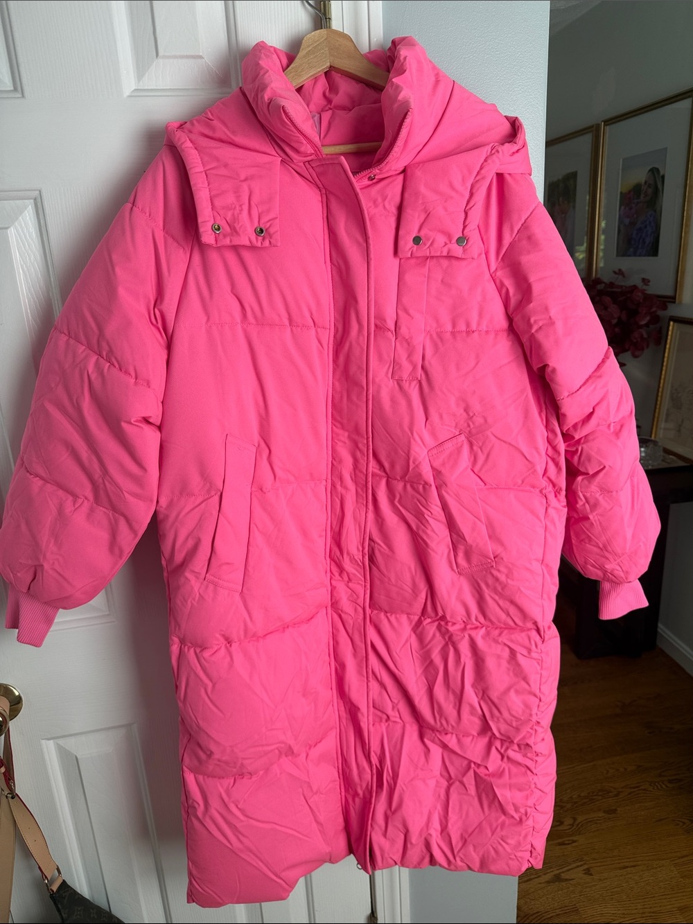 Long Pink Hooded Puffer Coat